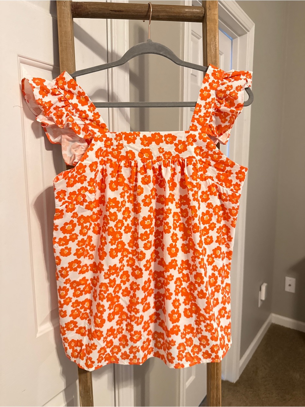 Women’s Orange Floral Ruffle Strap Blouse